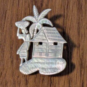 Vintage Carved Mother of Pearl Brooch Pin - Filipino Folk Art from Philippines